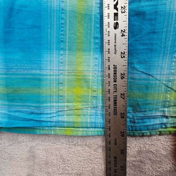 Catherines Plaid Peasant Top Womens 3X Turquoise Green silver Embroidery peasant - Picture 9 of 13